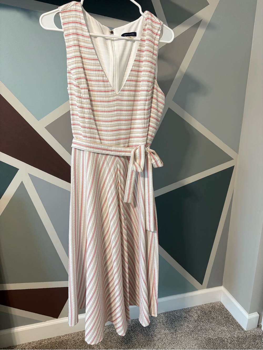 Tommy Hilfiger White Midi Dress with Pink & Tan Stripes